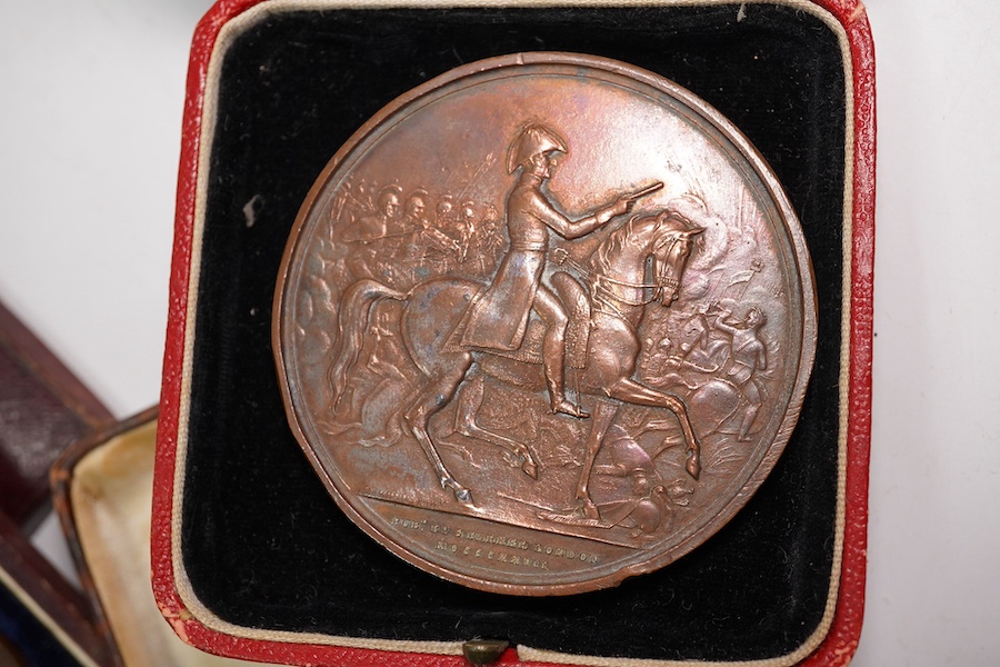 Four 19th/20th century commemorative medals; Wellington, Commander-in-Chief of the Army, 1827, a copper plated medal by J. Henning, Arthur Duke of Wellington prize medal, by Thomason, a Blucher soft metal medal, by Halli